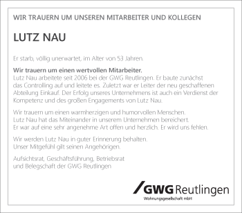 Traueranzeige von Lutz Nau von Leonberger Kreiszeitung / Strohgäu Extra