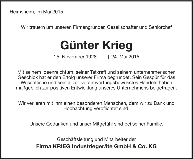  Traueranzeige für Günter Krieg vom 26.05.2015 aus Leonberger Kreiszeitung / Strohgäu Extra