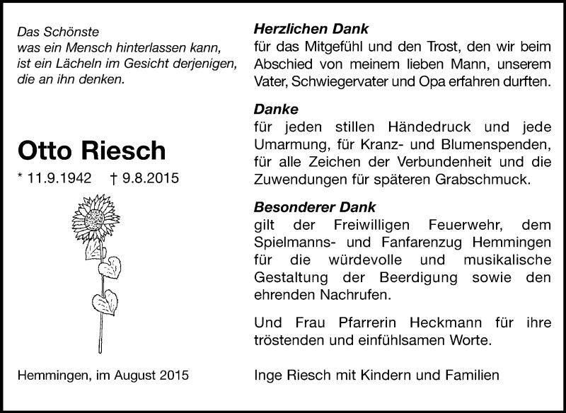  Traueranzeige für Otto Riesch vom 21.08.2015 aus Leonberger Kreiszeitung / Strohgäu Extra