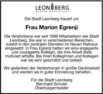 Traueranzeige von Marion Egrenji von Leonberger Kreiszeitung / Strohgäu Extra