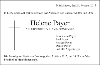 Traueranzeige von Helene Payer von Leonberger Kreiszeitung / Strohgäu Extra