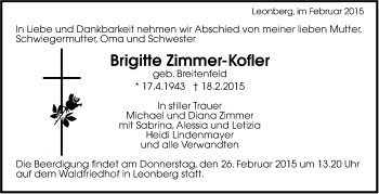 Traueranzeige von Brigitte Zimmer-Kofler von Leonberger Kreiszeitung / Strohgäu Extra