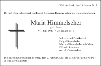 Traueranzeige von Maria Himmelseher von Leonberger Kreiszeitung / Strohgäu Extra