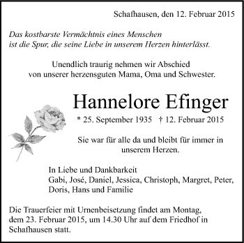Traueranzeige von Hannelore Efinger von Leonberger Kreiszeitung / Strohgäu Extra