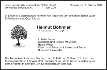 Traueranzeige von Helmut Böhmler von Leonberger Kreiszeitung / Strohgäu Extra