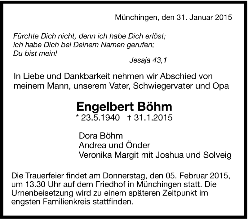  Traueranzeige für Engelbert Böhm vom 04.02.2015 aus Leonberger Kreiszeitung / Strohgäu Extra