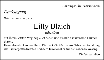 Traueranzeige von Lilly Blaich von Leonberger Kreiszeitung / Strohgäu Extra