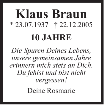 Traueranzeige von Klaus Braun von Leonberger Kreiszeitung / Strohgäu Extra