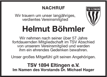 Traueranzeige von Helmut Böhmler von Leonberger Kreiszeitung / Strohgäu Extra