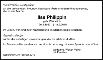Traueranzeige von Ilse Philippin von Leonberger Kreiszeitung / Strohgäu Extra