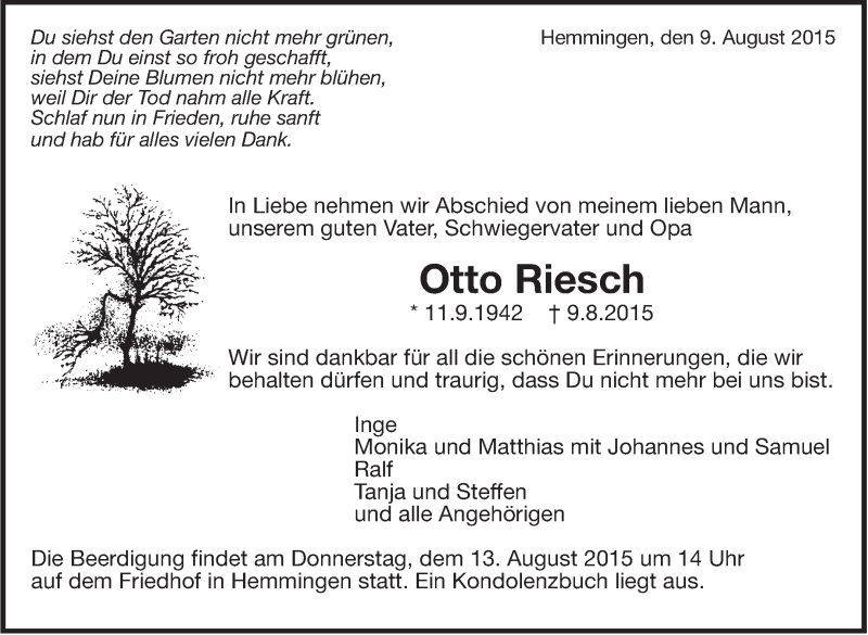  Traueranzeige für Otto Riesch vom 11.08.2015 aus Leonberger Kreiszeitung / Strohgäu Extra