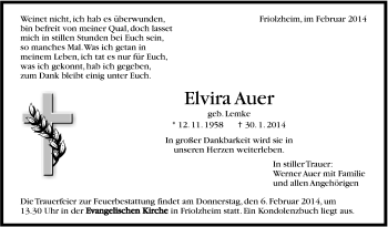 Traueranzeige von Elvira Auer von Leonberger Kreiszeitung / Strohgäu Extra