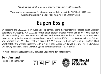 Traueranzeige von Essig Eugen von Leonberger Kreiszeitung / Strohgäu Extra
