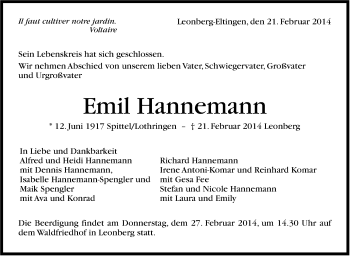 Traueranzeige von Emil Hannemann von Leonberger Kreiszeitung / Strohgäu Extra