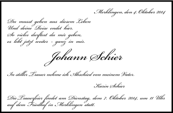 Traueranzeige von Johann Schier von Leonberger Kreiszeitung / Strohgäu Extra