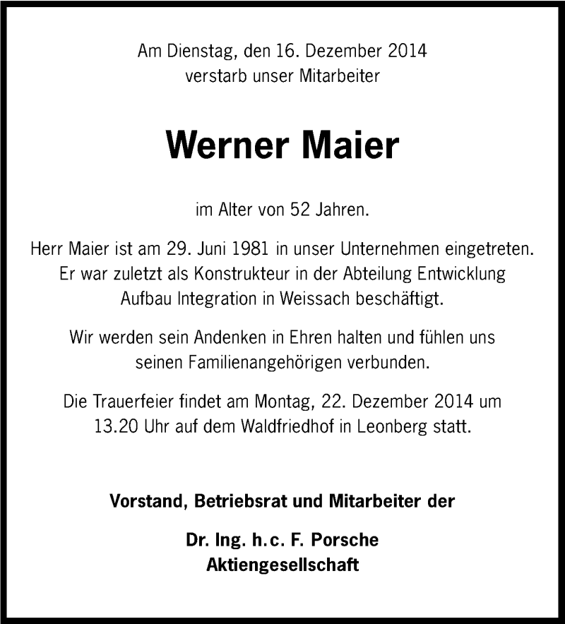  Traueranzeige für Werner Maier vom 19.12.2014 aus Leonberger Kreiszeitung / Strohgäu Extra