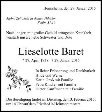 Traueranzeige von Lieselotte Baret von Leonberger Kreiszeitung / Strohgäu Extra