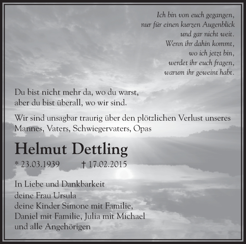  Traueranzeige für Helmut Dettling vom 21.02.2015 aus Leonberger Kreiszeitung / Strohgäu Extra