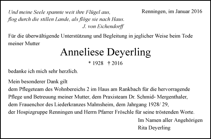  Traueranzeige für Anneliese Deyerling vom 23.01.2016 aus Leonberger Kreiszeitung / Strohgäu Extra