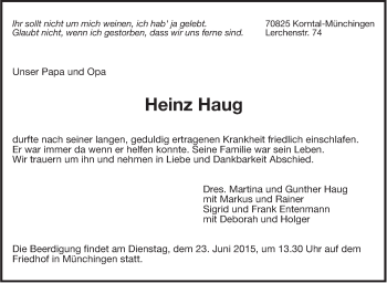 Traueranzeige von Heinz Haug von Leonberger Kreiszeitung / Strohgäu Extra
