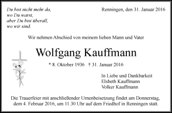 Traueranzeige von Wolfgang Kauffmann von Leonberger Kreiszeitung / Strohgäu Extra
