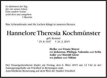 Traueranzeige von Hannelore Theresia Kochmünster von Leonberger Kreiszeitung / Strohgäu Extra