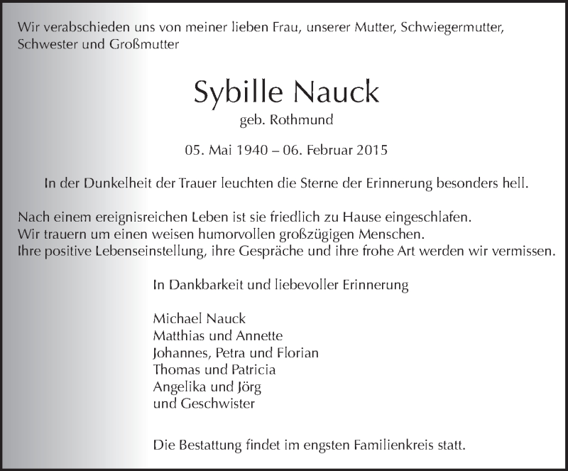  Traueranzeige für Sybille Nauck vom 18.02.2015 aus Leonberger Kreiszeitung / Strohgäu Extra
