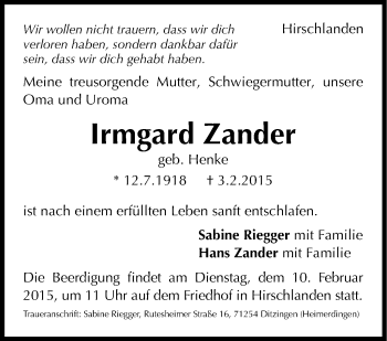 Traueranzeige von Irmgard Zander von Leonberger Kreiszeitung / Strohgäu Extra