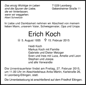 Traueranzeige von Erich Koch von Leonberger Kreiszeitung / Strohgäu Extra