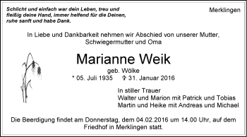 Traueranzeige von Marianne Weik von Leonberger Kreiszeitung / Strohgäu Extra