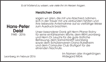 Traueranzeige von Hans-Peter Deist von Leonberger Kreiszeitung / Strohgäu Extra