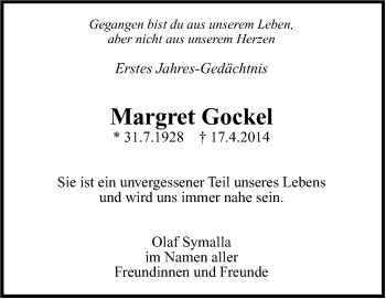 Traueranzeige von Margret Gockel von Leonberger Kreiszeitung / Strohgäu Extra