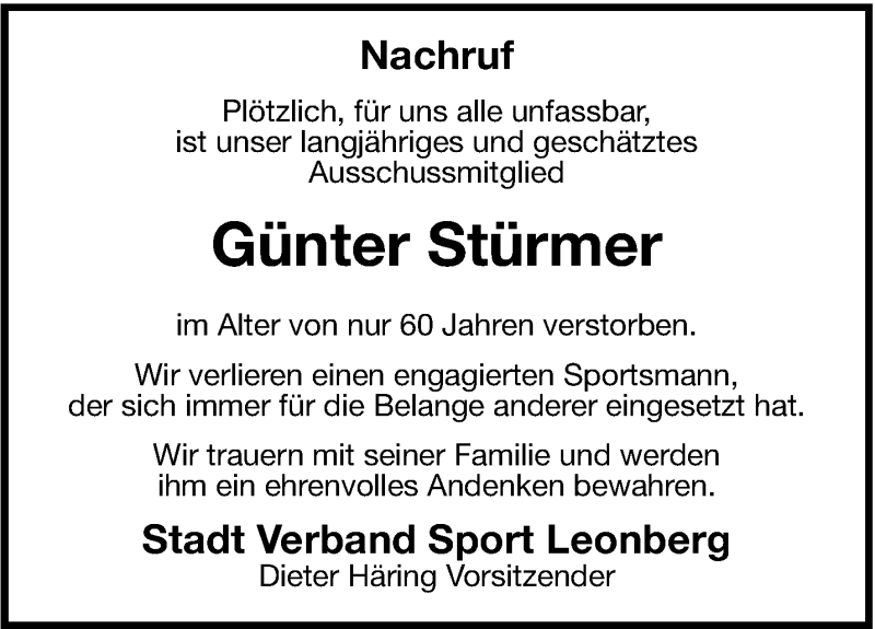  Traueranzeige für Günter Stürmer vom 28.01.2015 aus Leonberger Kreiszeitung / Strohgäu Extra