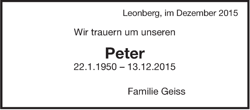  Traueranzeige für Peter  vom 15.12.2015 aus Leonberger Kreiszeitung / Strohgäu Extra
