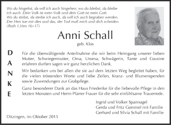Traueranzeige von Anni Schall von Leonberger Kreiszeitung / Strohgäu Extra