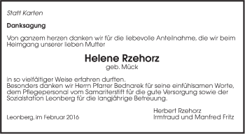 Traueranzeige von Helene Rzehorz von Leonberger Kreiszeitung / Strohgäu Extra