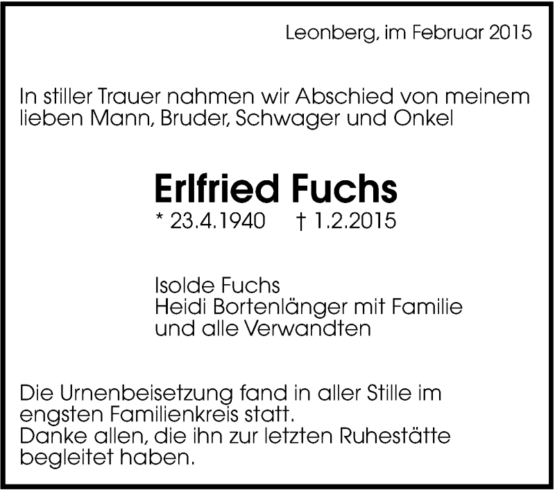  Traueranzeige für Erlfried Fuchs vom 14.02.2015 aus Leonberger Kreiszeitung / Strohgäu Extra