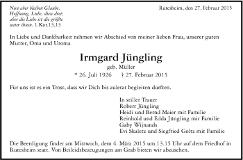 Traueranzeige von Irmgard Jüngling von Leonberger Kreiszeitung / Strohgäu Extra