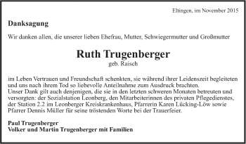 Traueranzeige von Ruth Trugenberger von Leonberger Kreiszeitung / Strohgäu Extra