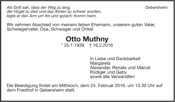 Traueranzeige von Otto Muthny von Leonberger Kreiszeitung / Strohgäu Extra