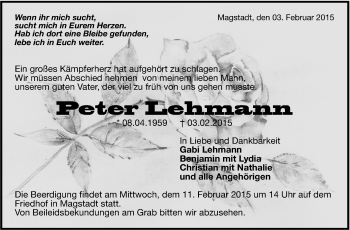 Traueranzeige von Peter Lehmann von Leonberger Kreiszeitung / Strohgäu Extra