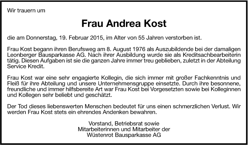  Traueranzeige für Andrea Kost vom 25.02.2015 aus Leonberger Kreiszeitung / Strohgäu Extra