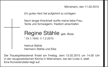 Traueranzeige von Regine Stähle von Leonberger Kreiszeitung / Strohgäu Extra