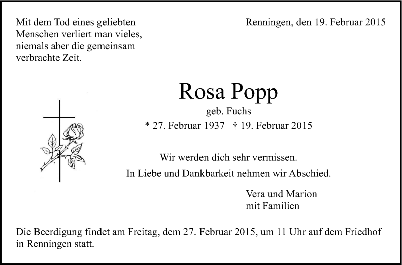  Traueranzeige für Rosa Popp vom 25.02.2015 aus Leonberger Kreiszeitung / Strohgäu Extra