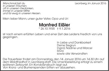 Traueranzeige von Manfred Eißler von Leonberger Kreiszeitung / Strohgäu Extra