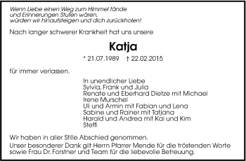 Traueranzeige von Katja  von Leonberger Kreiszeitung / Strohgäu Extra