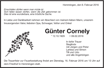 Traueranzeige von Günter Cornely von Leonberger Kreiszeitung / Strohgäu Extra