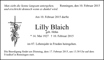 Traueranzeige von Lilly Blaich von Leonberger Kreiszeitung / Strohgäu Extra
