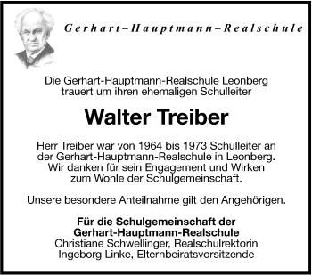 Traueranzeige von Walter Treiber von Leonberger Kreiszeitung / Strohgäu Extra