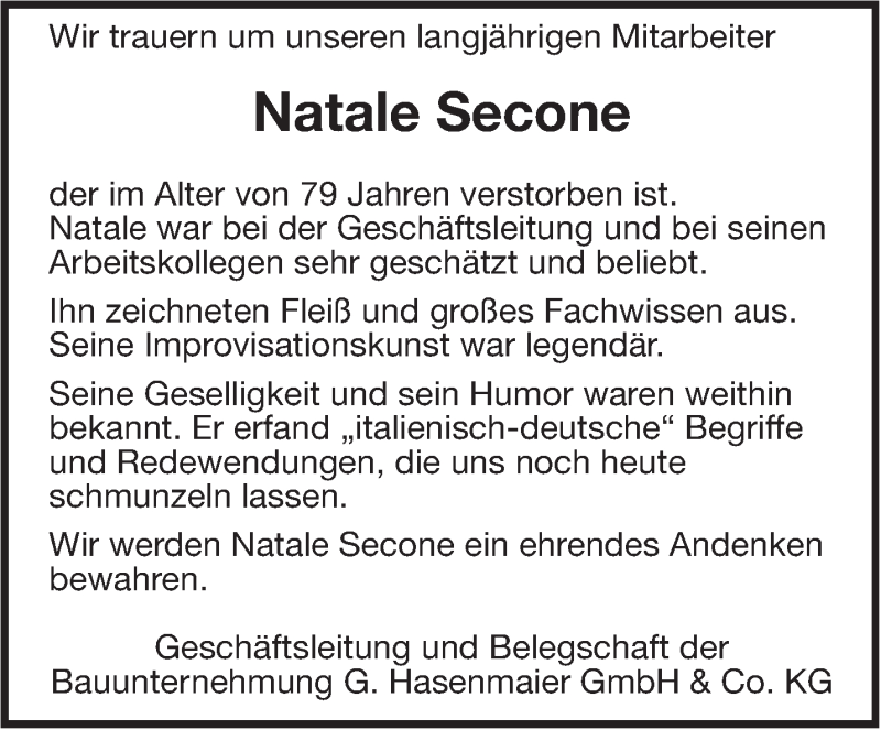  Traueranzeige für Natale Secone vom 17.09.2015 aus Leonberger Kreiszeitung / Strohgäu Extra